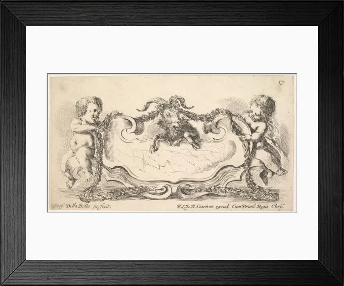 Framed Print : Plate 17: a cartouche with a marble center, an infant on either side holding a garland Framed Print : Plate 17: a cartouche with a marble center, an infant on either side holding a garland