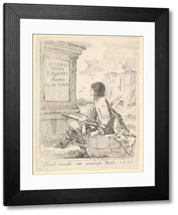 Framed Print : Plate 1: a young man sitting on a stone, facing left in profile Framed Print : Plate 1: a young man sitting on a stone, facing left in profile
