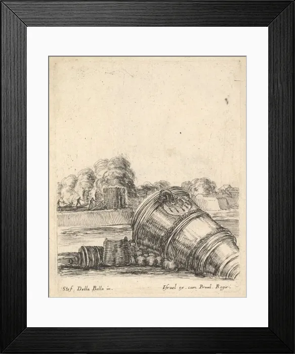 Framed Print : A mortar without a carriage lying on the ground to the right, soldiers firing canno Framed Print : A mortar without a carriage lying on the ground to the right, soldiers firing canno