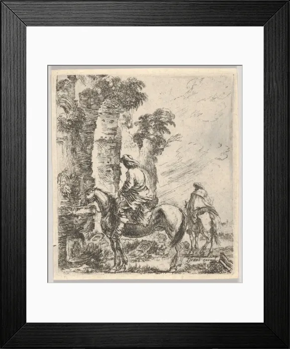 Framed Print : Plate 19: a rider making his horse drink from a basin of a fountain at left, another h Framed Print : Plate 19: a rider making his horse drink from a basin of a fountain at left, another h