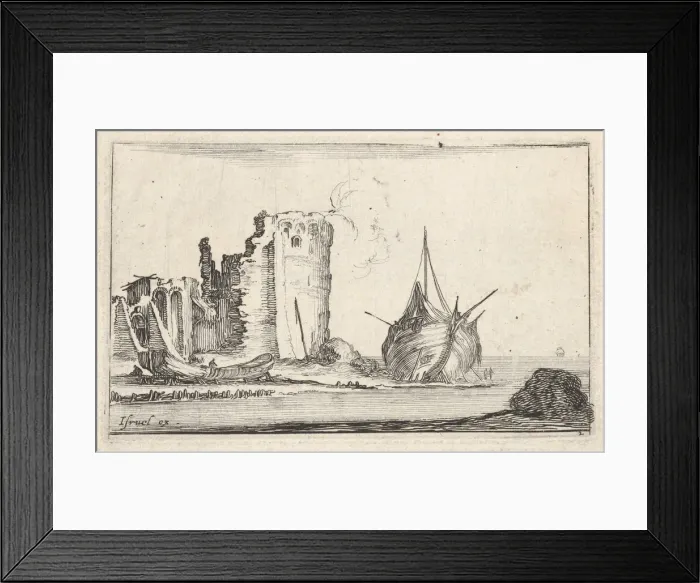 Framed Print : Plate 2: a ship at right and a rowboat at left, washed up on shore, a tower in ruins b Framed Print : Plate 2: a ship at right and a rowboat at left, washed up on shore, a tower in ruins b