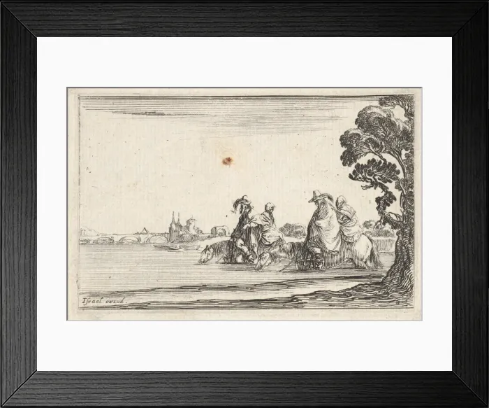 Framed Print : Plate 8: two horsemen in hats at right, each with a woman seated behind them, riding t Framed Print : Plate 8: two horsemen in hats at right, each with a woman seated behind them, riding t