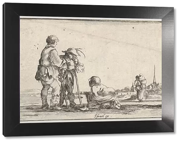 Plate 13: two peasants standing to left, a cripple kneeling on the ground in center, a