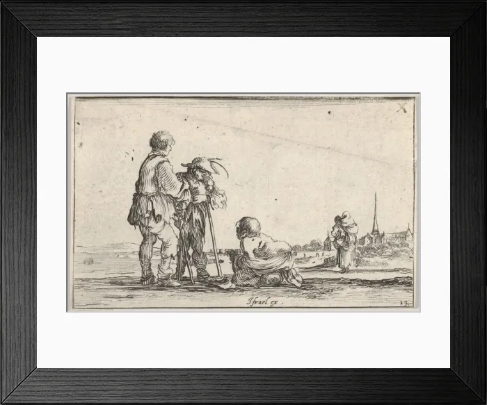 Framed Print : Plate 13: two peasants standing to left, a cripple kneeling on the ground in center, a Framed Print : Plate 13: two peasants standing to left, a cripple kneeling on the ground in center, a