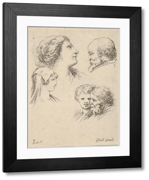 Framed Print : Plate 9: five heads, two young women at left, a bearded man at upper right, a young wo Framed Print : Plate 9: five heads, two young women at left, a bearded man at upper right, a young wo