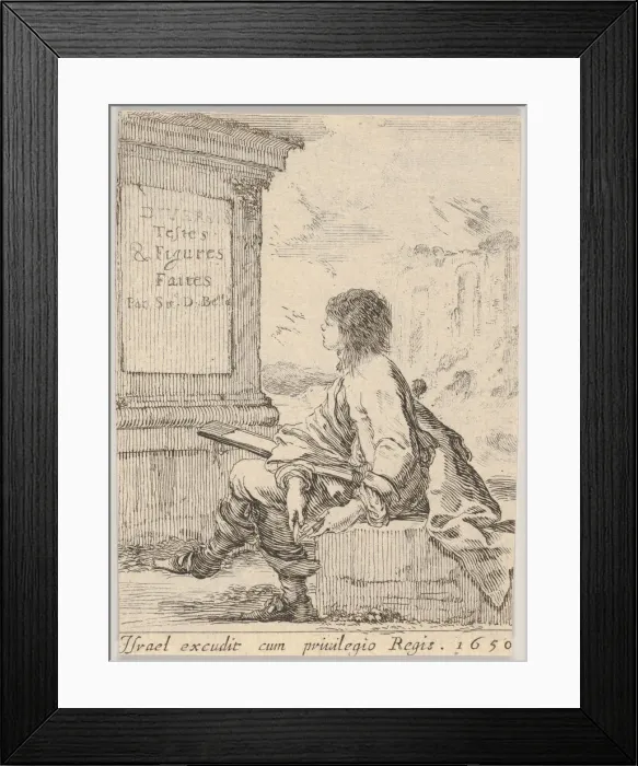 Framed Print : Plate 1: a young man sitting on a stone, facing left in profile Framed Print : Plate 1: a young man sitting on a stone, facing left in profile