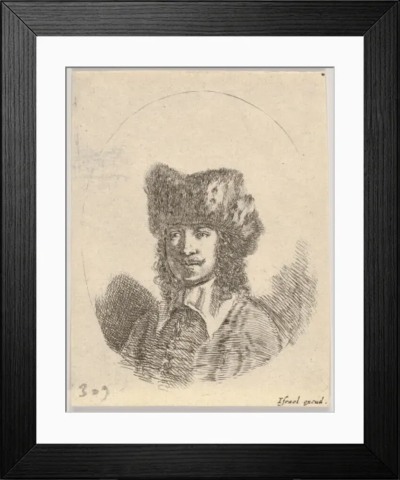 Framed Print : Plate 2: head of a man with a moustache and fur cap facing left, an oval composition Framed Print : Plate 2: head of a man with a moustache and fur cap facing left, an oval composition