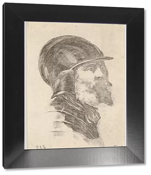Plate 6: head of an old bearded soldier wearing a helmet facing right