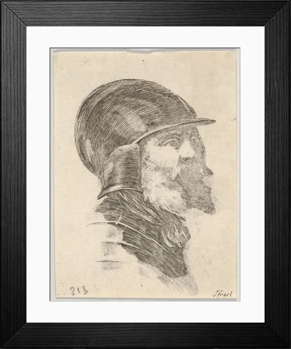Framed Print : Plate 6: head of an old bearded soldier wearing a helmet facing right Framed Print : Plate 6: head of an old bearded soldier wearing a helmet facing right