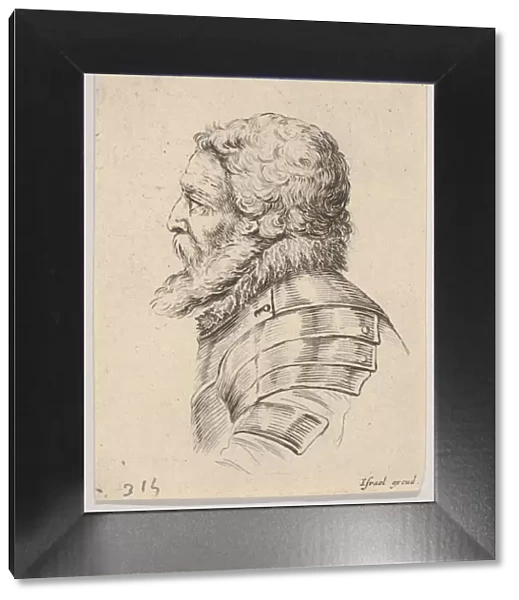 Plate 7: bust of a bearded soldier wearing armor, facing left in profile