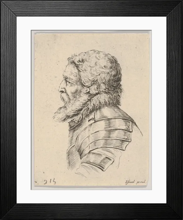 Framed Print : Plate 7: bust of a bearded soldier wearing armor, facing left in profile Framed Print : Plate 7: bust of a bearded soldier wearing armor, facing left in profile