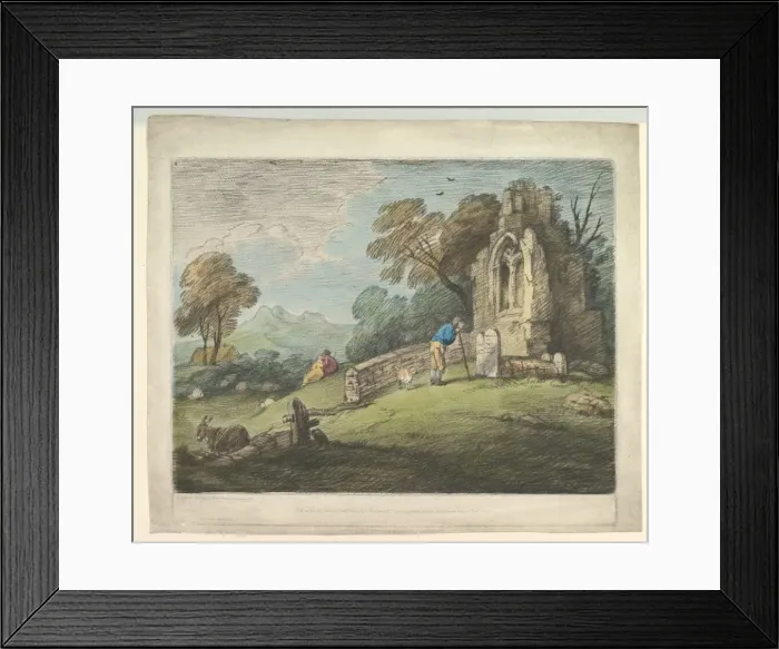 Framed Print : Wooded Landscape with Peasant Reading Tombstone, Rustic Lovers and Ruined Church Framed Print : Wooded Landscape with Peasant Reading Tombstone, Rustic Lovers and Ruined Church