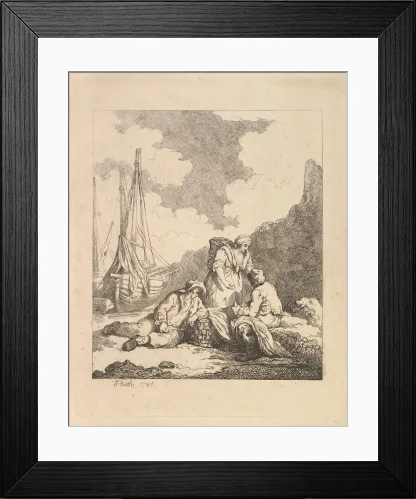 Framed Print : Fishermen by the Shore - Coastal Scene with a Man Sitting on the Ground Resting an Elbow Framed Print : Fishermen by the Shore - Coastal Scene with a Man Sitting on the Ground Resting an Elbow
