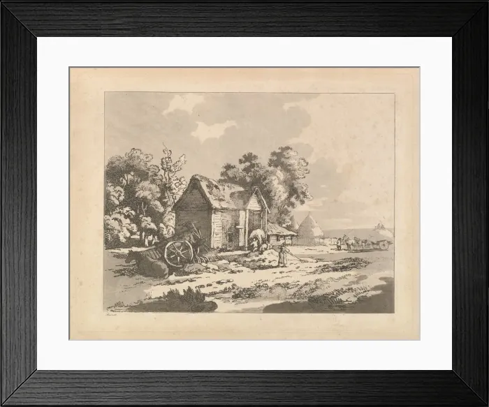 Framed Print : Landscape with Figures Storing Hay in a Barn, a Cart and Horse Lying Down at Left Framed Print : Landscape with Figures Storing Hay in a Barn, a Cart and Horse Lying Down at Left
