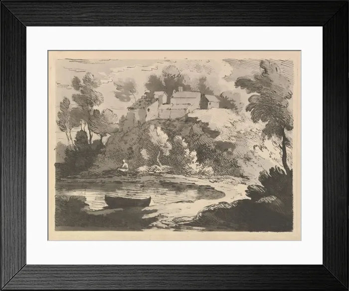 Framed Print : Hilly River Landscape, a Boat in the Water at Foreground Left, a Figure on the Far Shor Framed Print : Hilly River Landscape, a Boat in the Water at Foreground Left, a Figure on the Far Shor