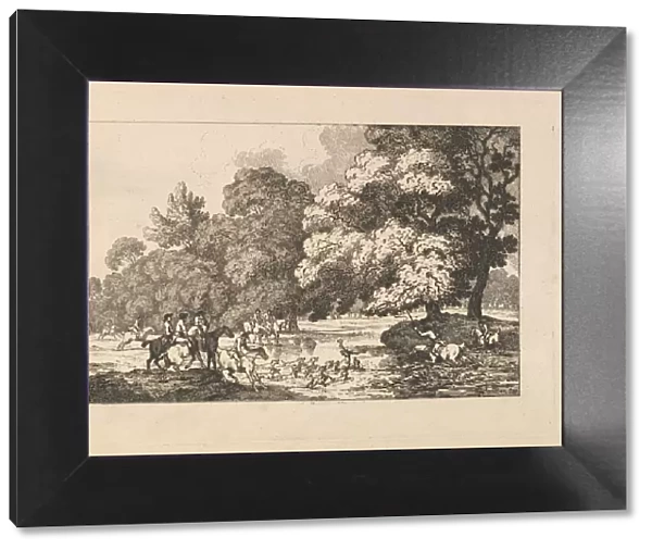 Deer Hunting - A Landscape Scene with Stag and Hounds in a River, 1787