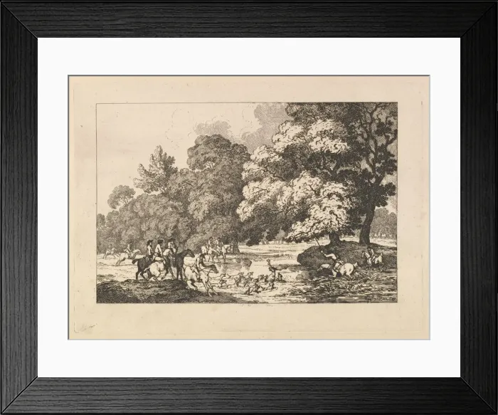 Framed Print : Deer Hunting - A Landscape Scene with Stag and Hounds in a River, 1787 Framed Print : Deer Hunting - A Landscape Scene with Stag and Hounds in a River, 1787