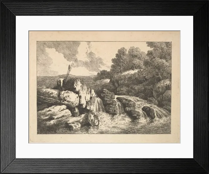 Framed Print : Landscape with Two Fishermen Climbing Rocks Next to a Waterfall, 1784-88 Framed Print : Landscape with Two Fishermen Climbing Rocks Next to a Waterfall, 1784-88