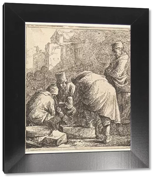 Man Adjusting His Footwear, at Left Three Men Playing Cards, 1630-77