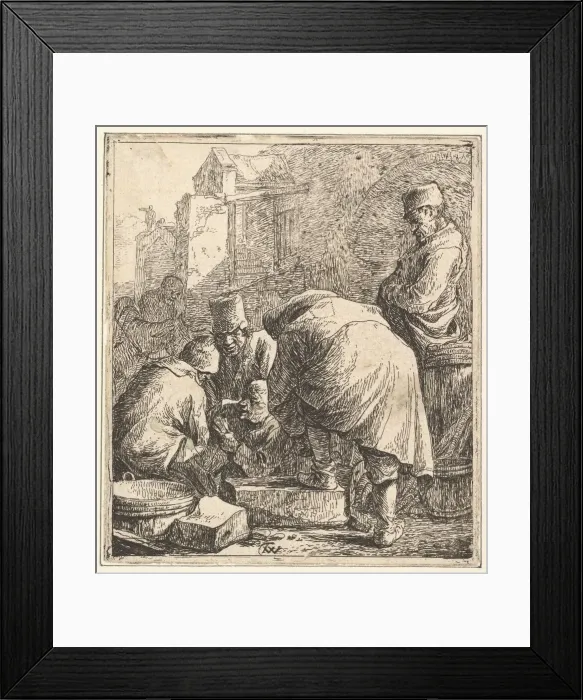 Framed Print : Man Adjusting His Footwear, at Left Three Men Playing Cards, 1630-77