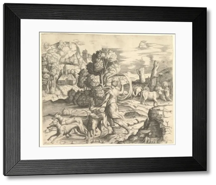 Framed Print : Diana the Huntress in a Landscape, ca. 1530-42. Creator: Vincenzo Caccianemici Framed Print : Diana the Huntress in a Landscape, ca. 1530-42. Creator: Vincenzo Caccianemici