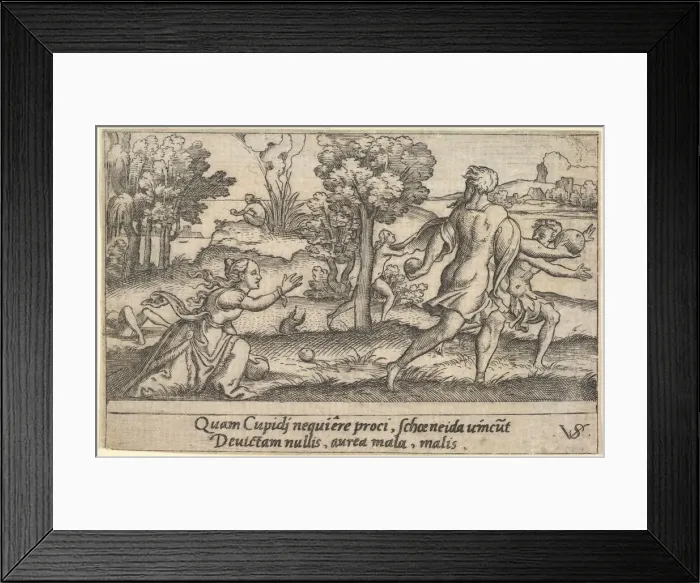 Framed Print : Atalanta and Hippomenes, in the foreground Atalanta kneeling to pick up an apple an Framed Print : Atalanta and Hippomenes, in the foreground Atalanta kneeling to pick up an apple an