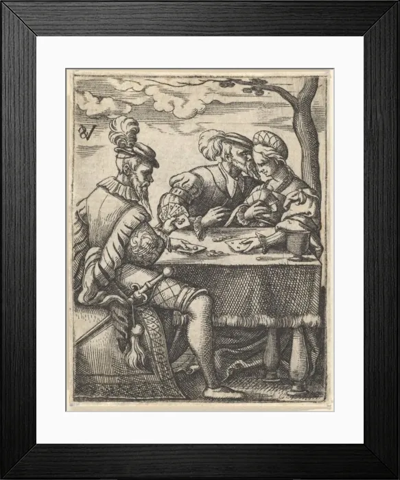 : Two men and a woman playing cards at a table, one man pressing his nose toward : Two men and a woman playing cards at a table, one man pressing his nose toward