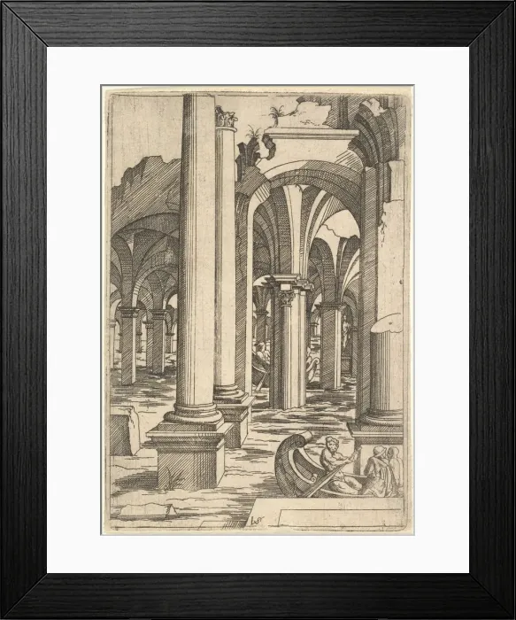 Framed Print : Boats Rowed Through Inundated Ruins, ca. 1550-62. Creator: Virgil Solis Framed Print : Boats Rowed Through Inundated Ruins, ca. 1550-62. Creator: Virgil Solis