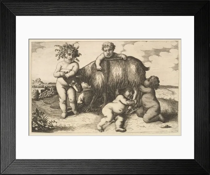 Framed Print : Four boys, a young satyr, and a goat (copy in reverse), 17th century (?) Framed Print : Four boys, a young satyr, and a goat (copy in reverse), 17th century (?)