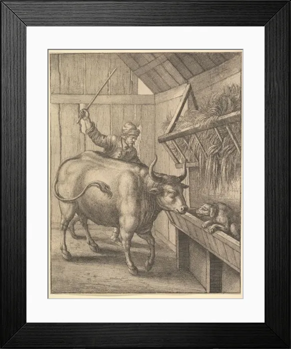 Framed Print : The dog in the manger from illustration to John Ogilbys AEsopic s Framed Print : The dog in the manger from illustration to John Ogilbys AEsopic s