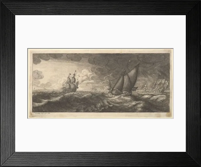 Framed Print : A yacht and three warships in a storm, 1665. Creator: Wenceslaus Hollar Framed Print : A yacht and three warships in a storm, 1665. Creator: Wenceslaus Hollar