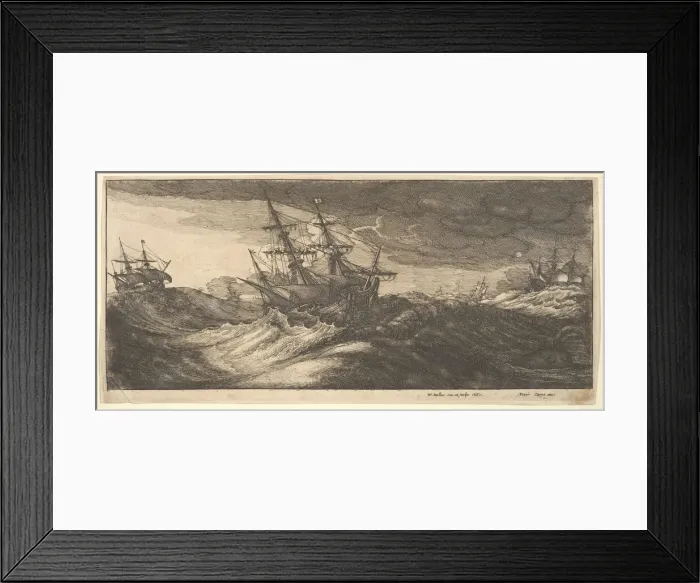 Framed Print : Warship and a spouting whale, 1665. Creator: Wenceslaus Hollar Framed Print : Warship and a spouting whale, 1665. Creator: Wenceslaus Hollar