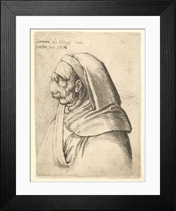 Framed Print : Bust of a man with a small turned-up nose and very high upper lip, wearing hood Framed Print : Bust of a man with a small turned-up nose and very high upper lip, wearing hood