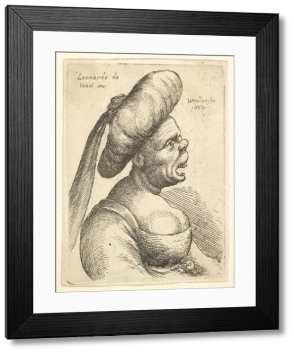 Framed Print : Bust of woman with wide open mouth and up-turned nose, wearing large flat turban with Framed Print : Bust of woman with wide open mouth and up-turned nose, wearing large flat turban with