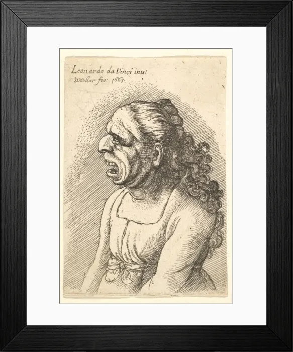 Framed Print : Bust of woman with wide-open mouth and long curly hair falling over her shoulders Framed Print : Bust of woman with wide-open mouth and long curly hair falling over her shoulders