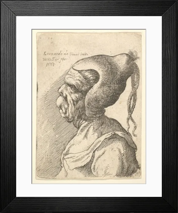 Framed Print : Bust of a deformed woman with conical hat and two dangling plaits in profile to left Framed Print : Bust of a deformed woman with conical hat and two dangling plaits in profile to left