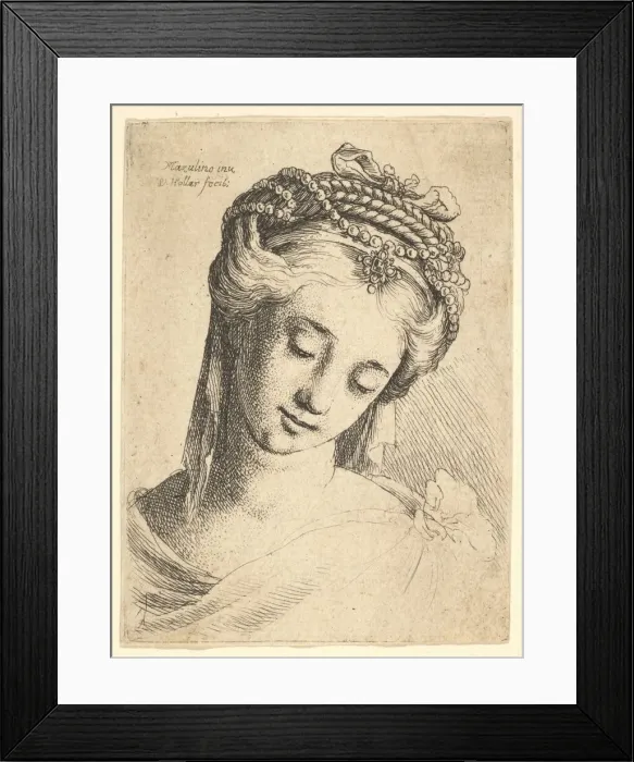 Framed Print : Bust of a young woman with elaborate headdress, looking down. 1625-77 Framed Print : Bust of a young woman with elaborate headdress, looking down. 1625-77