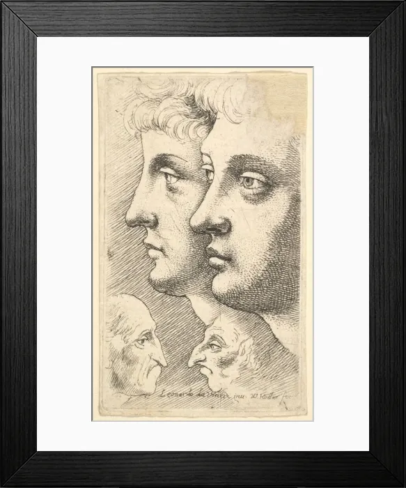 Framed Print : Two youths in profile to left with two grotesque heads facing each other below, 1625-77 Framed Print : Two youths in profile to left with two grotesque heads facing each other below, 1625-77
