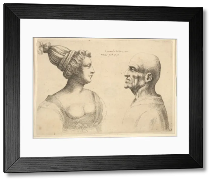 Framed Print : A female with hair tied back and a bald male facing each other, 1645