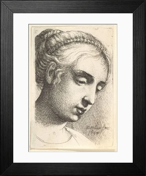 Framed Print : Woman with string of pearls in her hair looking downwards to right, 1645