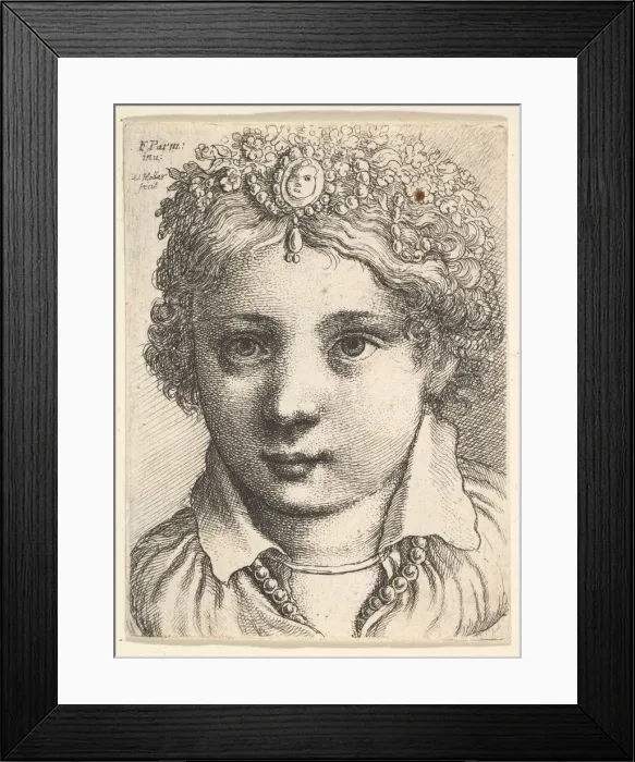 Framed Print : Head of a young girl wearing a jeweled headdress, ca. 1645. Creator: Wenceslaus Hollar