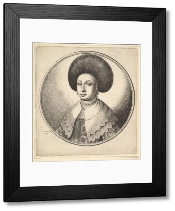 Framed Print : Woman with large circular fur hat and earrings, 1645. Creator: Wenceslaus Hollar Framed Print : Woman with large circular fur hat and earrings, 1645. Creator: Wenceslaus Hollar