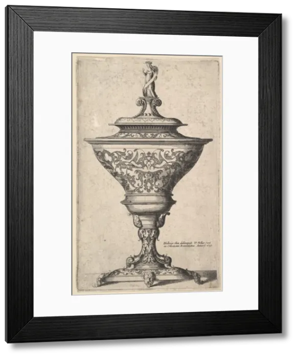 Framed Print : Ornate goblet on feet of masks, 1645. Creator: Wenceslaus Hollar