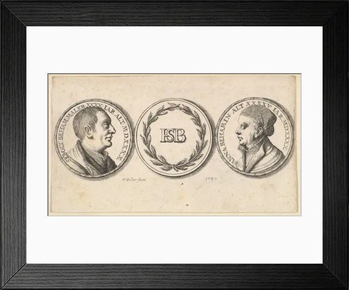 Framed Print : Medallions with portraits of Sebald Beham and Anna Beham, 1647 Framed Print : Medallions with portraits of Sebald Beham and Anna Beham, 1647