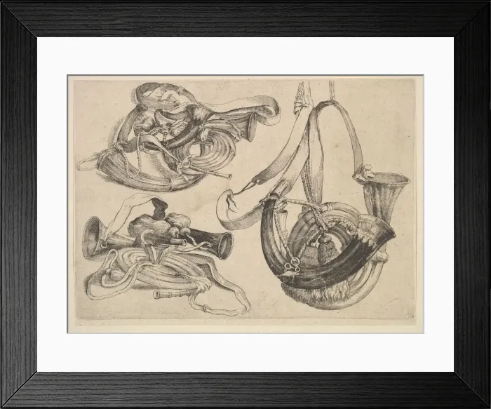 Framed Print : Seven hunting horns in three groupings, 1625-77. Creator: Wenceslaus Hollar Framed Print : Seven hunting horns in three groupings, 1625-77. Creator: Wenceslaus Hollar