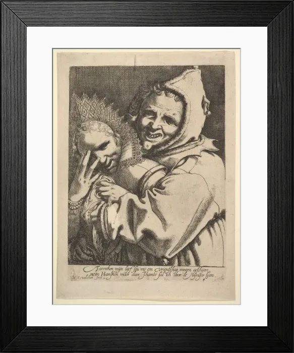 Framed Print : Fool with a Girl Looking Through Her Fingers. Creator: Werner Jacobsz. van den Valckert Framed Print : Fool with a Girl Looking Through Her Fingers. Creator: Werner Jacobsz. van den Valckert