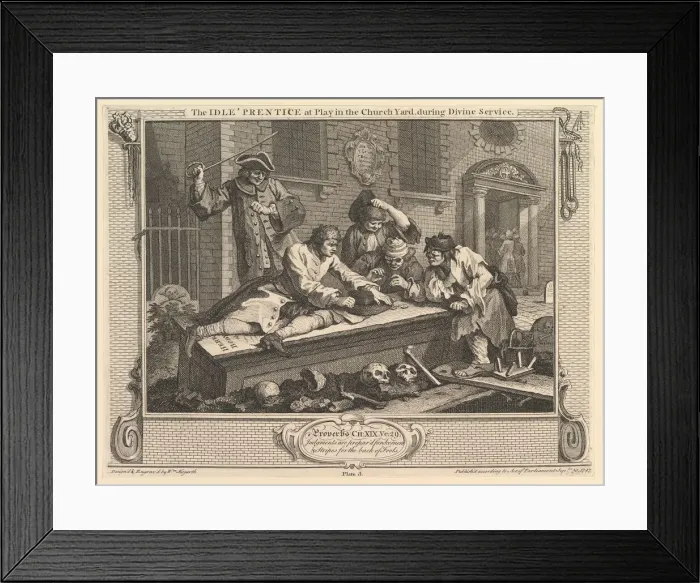 Framed Print : The Idle Prentice at Play in the Churchyard: Industry and Idleness, plate 3 Framed Print : The Idle Prentice at Play in the Churchyard: Industry and Idleness, plate 3