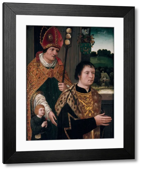 Framed Print : Portrait of Nicholas Gaze and His Son and St Nicholas, 1525. Creator: Unknown Framed Print : Portrait of Nicholas Gaze and His Son and St Nicholas, 1525. Creator: Unknown