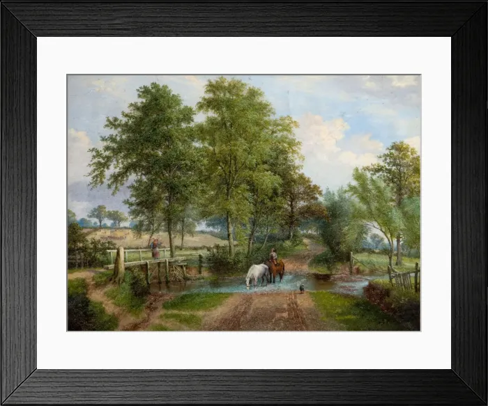 Framed Print : Rural Scene With Horses at Stream, 1870s. Creator: J. Jolly Framed Print : Rural Scene With Horses at Stream, 1870s. Creator: J. Jolly