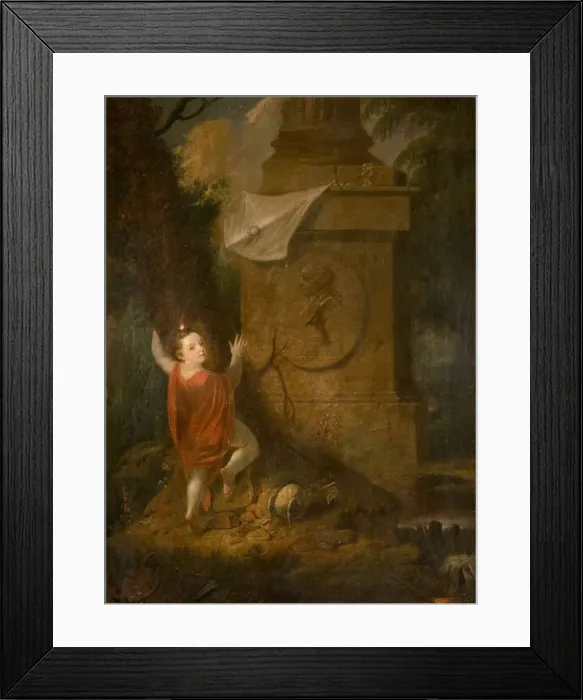 Framed Print : Artists Advertisement - Cherub with Kite at Monument [undated]. Creator: James Millar